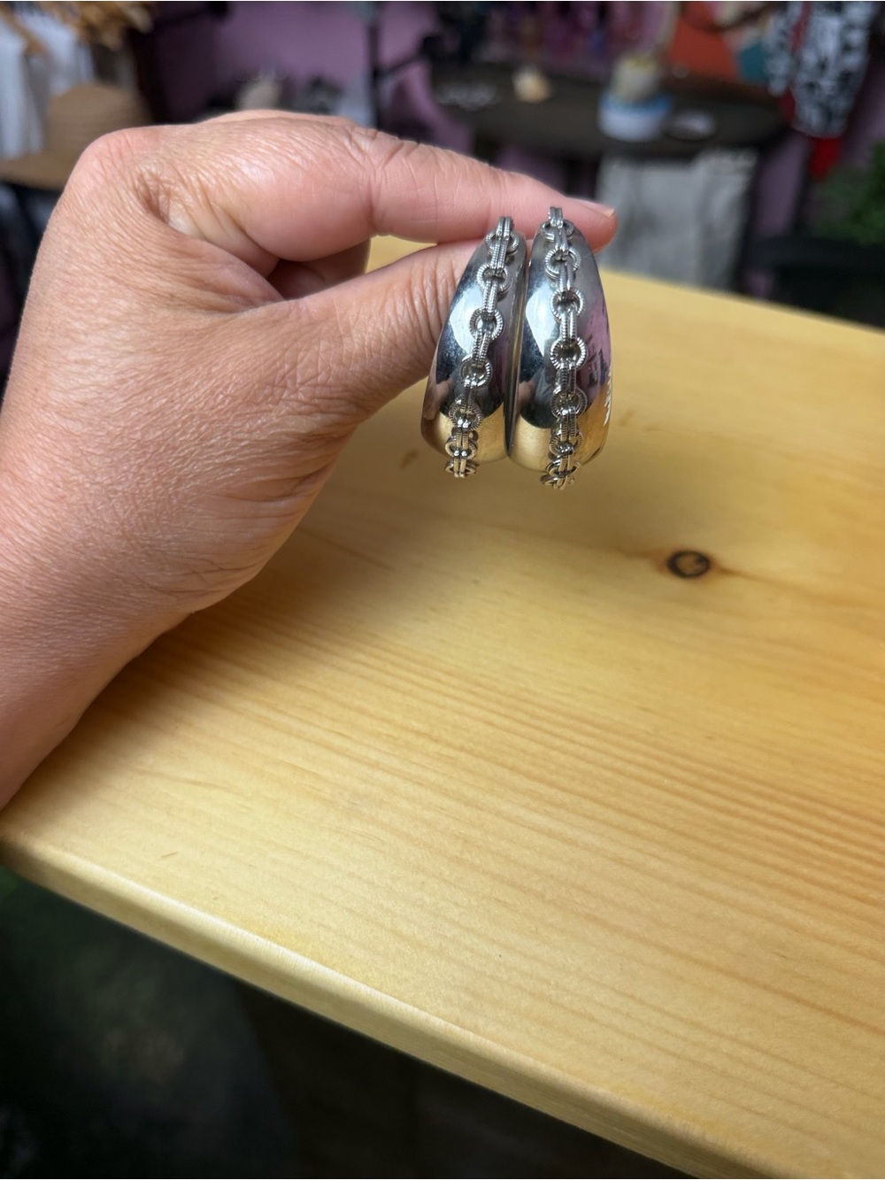 Vintage Chain Detail Hoop Earrings | Silver Tone Statement Jewelry - Picture 12 of 16
